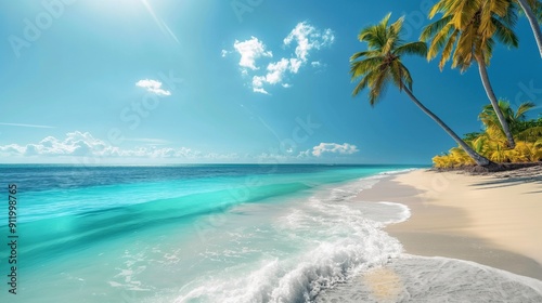 best travel landscape paradise beach tropical island background beautiful palm trees closeup sea waves sunshine blue sky clouds luxury travel summer vacation website design zen inspire wallpaper photo