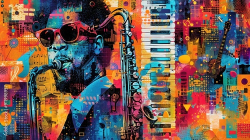 Vibrant illustration of a saxophonist in colorful abstract art, blending music and visual expression in a dynamic composition.