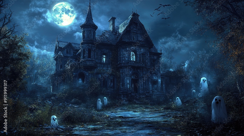 Sinister Haunted House Under Full Moon with Ghosts in Dark Forest