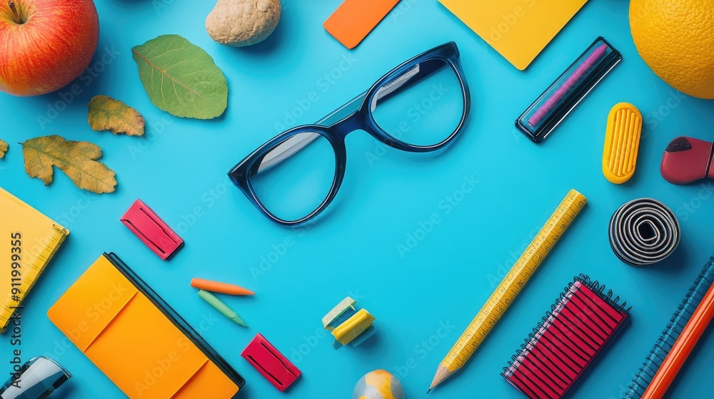 Colorful Stationery and Fruits Flat Lay on Blue Background