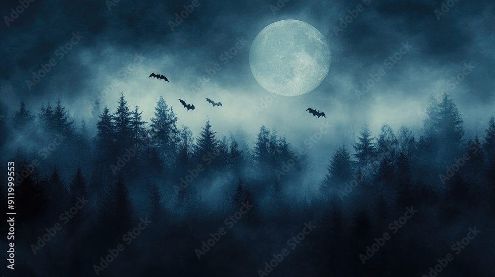 Full Moon Night in Spooky Forest with Flying Bats and Foggy Atmosphere Full Moon Night in Spooky Forest with Flying Bats and Foggy Atmosphere