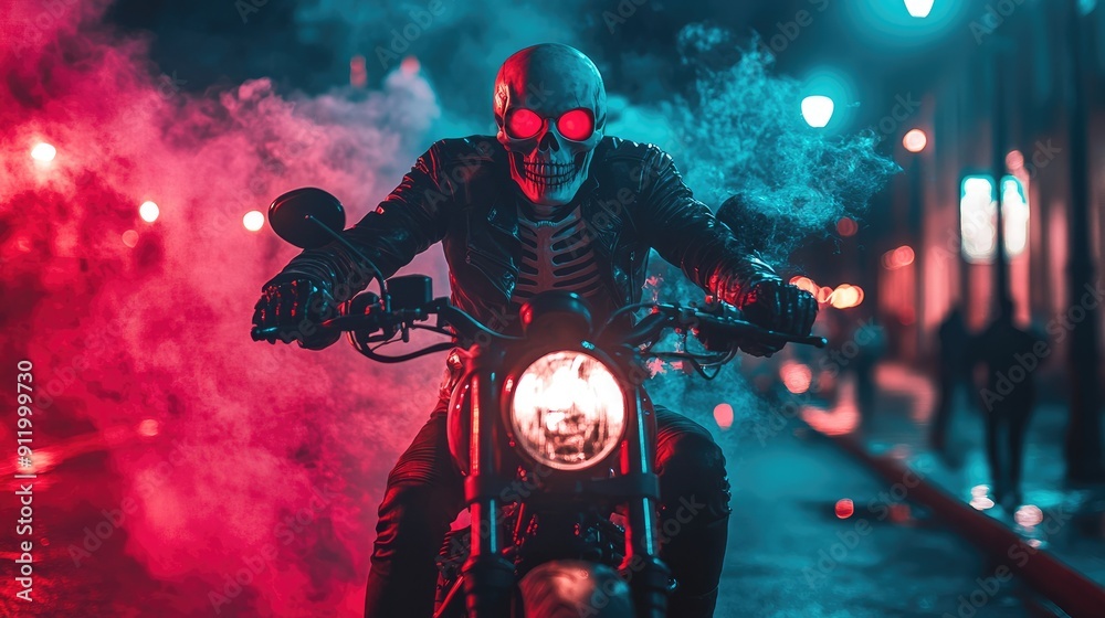 Obraz premium Skeleton Rider on Motorcycle in Foggy Night with Neon Red Eyes and Smoke