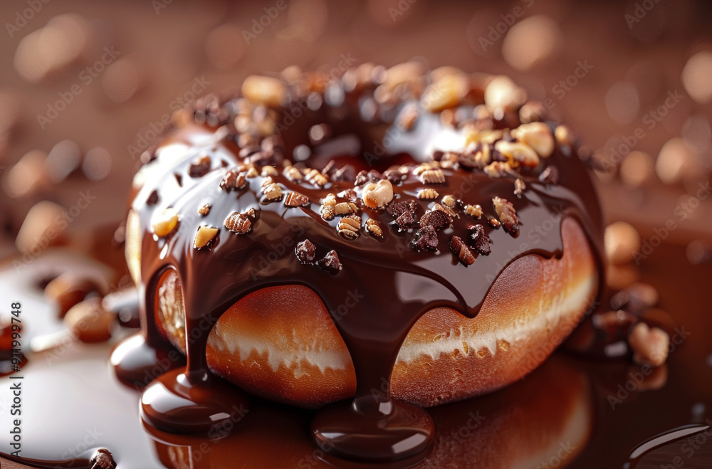 donut with chocolate glaze and nuts dripping in liquid chocolate donut with chocolate glaze and nuts dripping in liquid chocolate