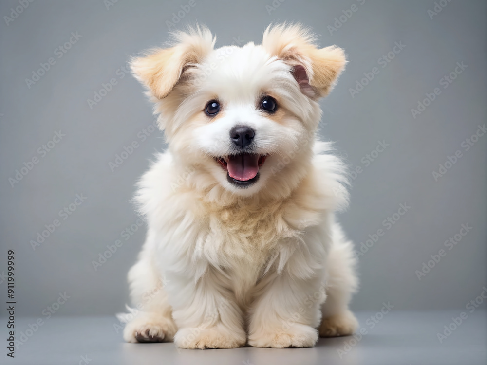 A playful and adorable young purebred puppy with a beautiful white fur coat poses on a walk, looking happy and pretty against a clean isolated background. A playful and adorable young purebred puppy with a beautiful white fur coat poses on a walk, looking happy and pretty against a clean isolated background.