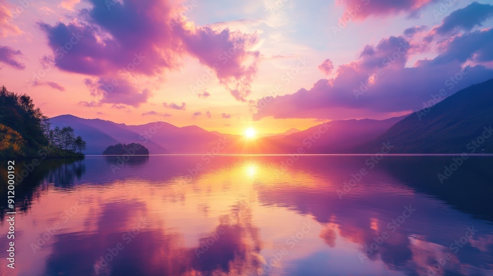 Pink Sunset Over Mountains Reflected in Still Lake Water Pink Sunset Over Mountains Reflected in Still Lake Water