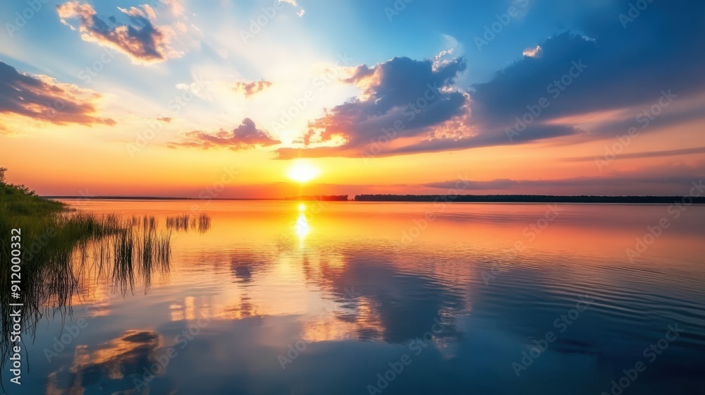 Sunset Reflecting on Calm Lake Water with a Blue Sky Sunset Reflecting on Calm Lake Water with a Blue Sky