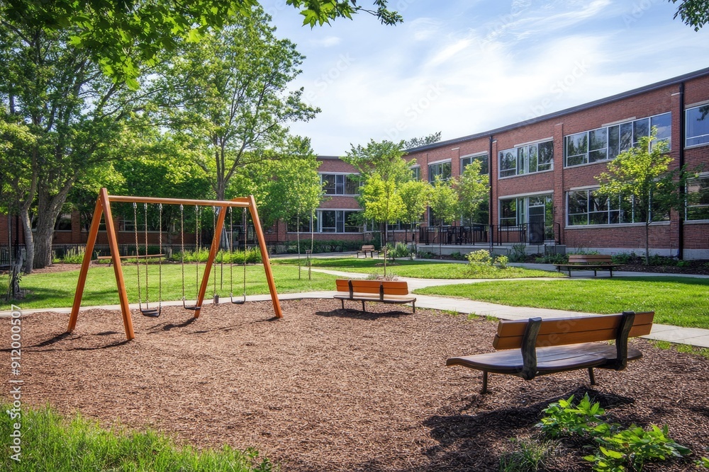 Empty School Playground with Swings and Benches on a Sunny Day in Spring with Green Trees Empty School Playground with Swings and Benches on a Sunny Day in Spring with Green Trees