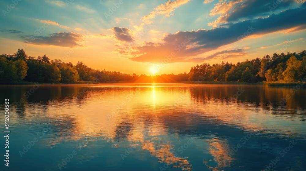 Sunset Reflection on Calm Lake with Trees Sunset Reflection on Calm Lake with Trees