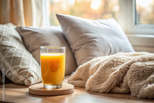 a refreshing glass of orange juice sits on a bedside table alongside a plush pillow and soft, rumpled blanket. photo