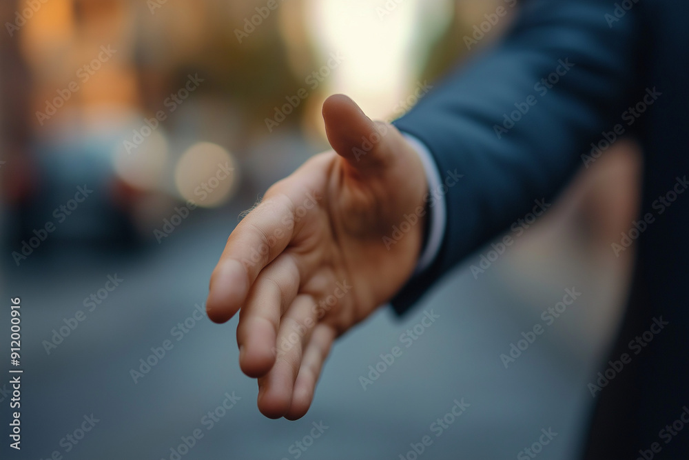 Fototapeta premium Attractive businessman in formal suit extending hand for handshake, greeting offering welcoming concept.