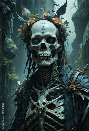 The art of death, flowers bloom on the body of a skeleton, Generative AI