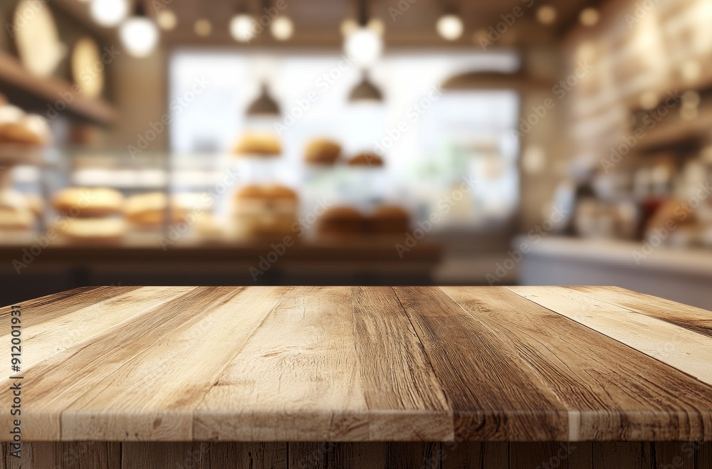 Wooden table with blurred background of bakery shop interior Wooden table with blurred background of bakery shop interior