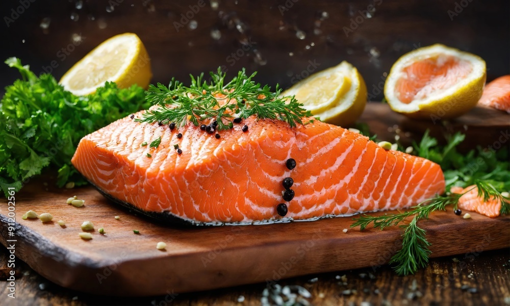 delicious salmon teik with herbs and lemon on a board delicious salmon teik with herbs and lemon on a board