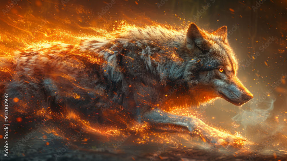 an aggressive wolf chasing a streaking light, strong brushwork, neon accents seeping through.generative ai an aggressive wolf chasing a streaking light, strong brushwork, neon accents seeping through.generative ai