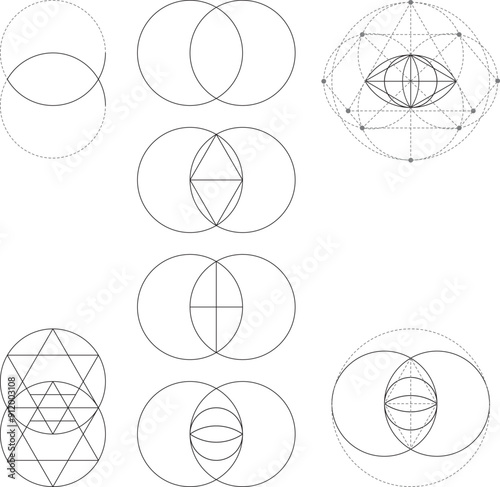 Vesica Piscis circles, spiritual geometric shape. Contains variations including a Vesica Diamond, Icthys, triple star of David and cosmic eye. Isolated vector. photo