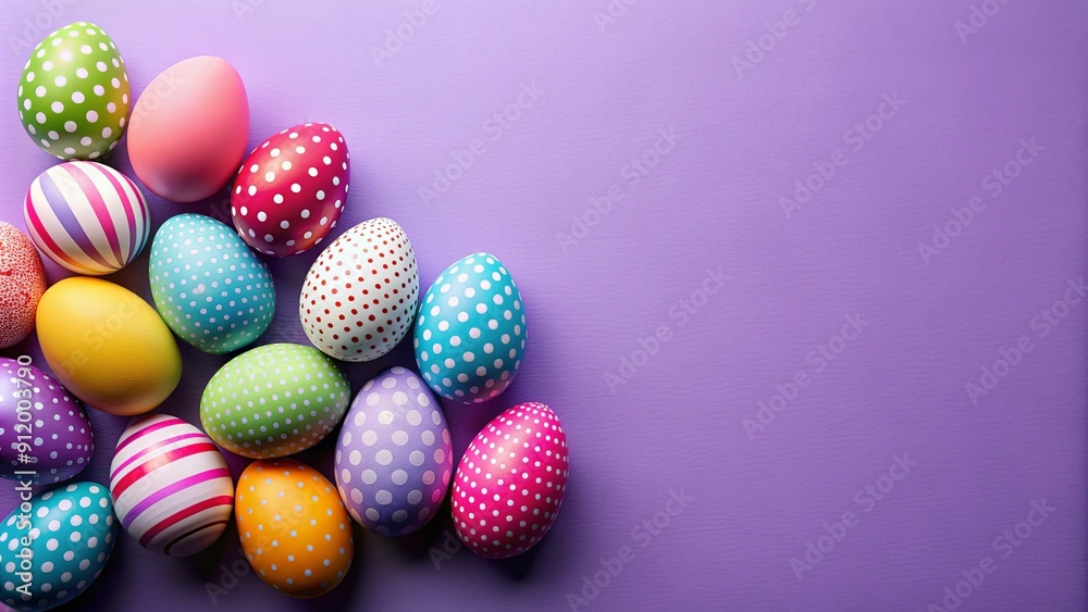 Colorful painted Easter eggs with polka dots and patterns on a purple background, Easter, eggs, color, colorful