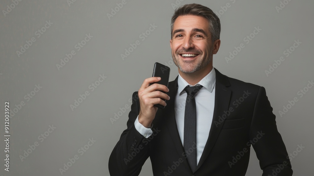 Successful and pleasant adult employee, businessman, corporate lawyer, he is wearing a classic formal black suit, talking on a mobile phone with generative ai Successful and pleasant adult employee, businessman, corporate lawyer, he is wearing a classic formal black suit, talking on a mobile phone with generative ai