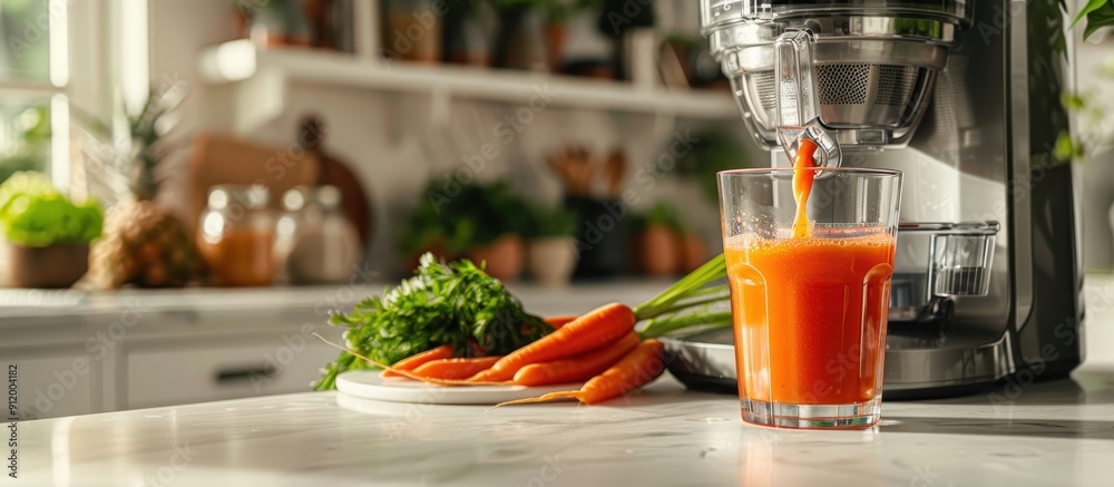 Fresh Carrot Juice Being Poured from Juicer in Modern Kitchen with Carrots on Countertop Fresh Carrot Juice Being Poured from Juicer in Modern Kitchen with Carrots on Countertop