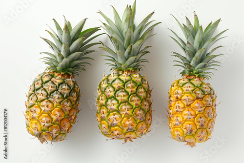Three pineapples laying down on white background. Generative AI