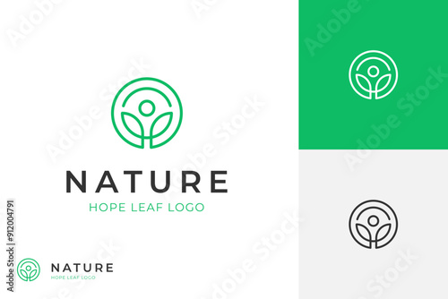 people leaf logo icon design line style with a circle round for a healthy life, body care, nature balance, eco lifestyle concept vector illustration