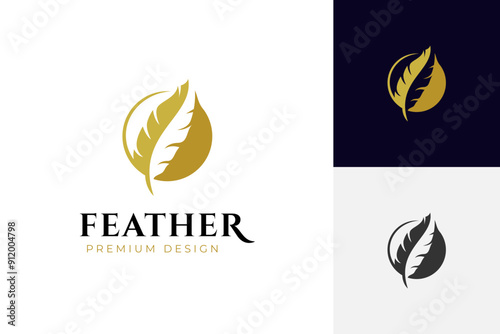 golden quill signature logo design. feather pen logo silhouette with circle shape vector design illustration