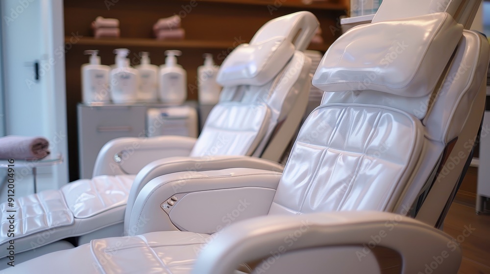 Fototapeta premium Luxurious White Massage Chairs in Modern Spa Setting with Soft Lighting and Relaxing Atmosphere