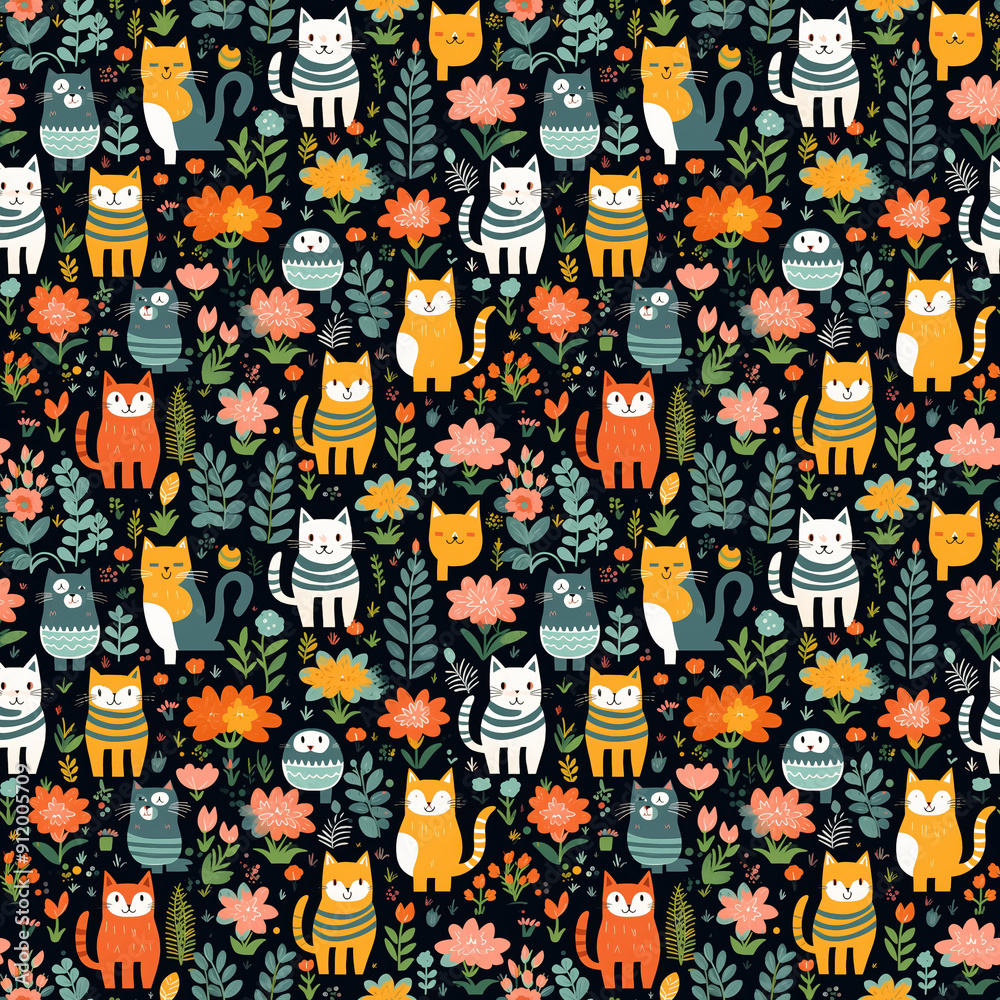 Seamless patterns of cats and flowers featuring adorable cats in a ...