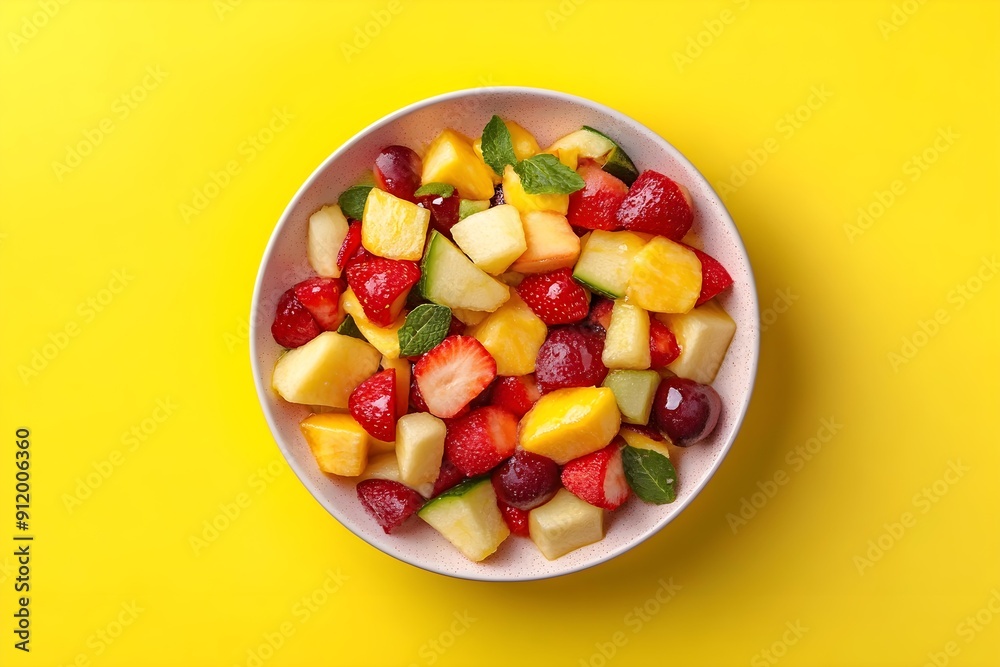 Mixed fruit salad in plate on yellow background top view Diet summer food concept Mixed fruit salad in plate on yellow background top view Diet summer food concept