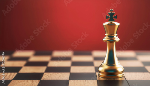 A close-up of a golden chess king piece on a wooden chessboard with a striking red background, symbolizing strategy and competition.