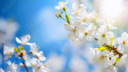 Cherry blossom branch white flowers on sunny blue sky. Springtime flowering beautiful nature landscape which is very beautiful