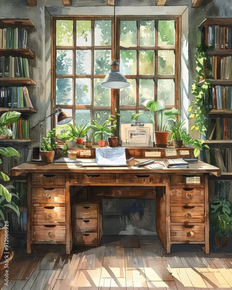 Fototapeta premium Cozy vintage workspace with wooden desk, bookshelves, plants, and natural light creating a serene atmosphere for creativity.