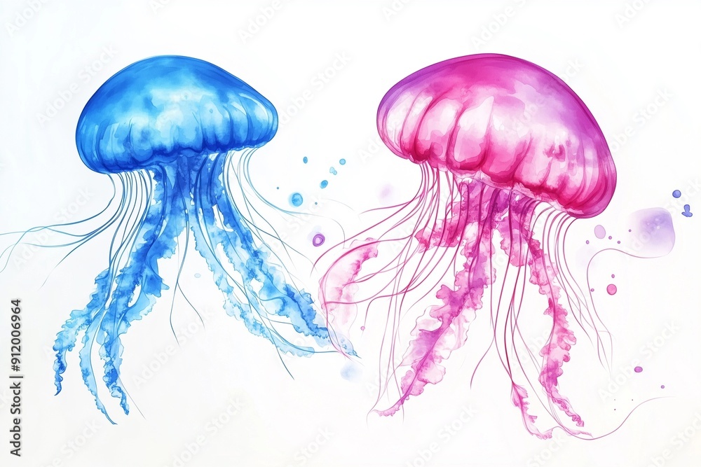 Delicate Watercolor Depiction of Jellyfish Floating Gracefully in the Ocean Delicate Watercolor Depiction of Jellyfish Floating Gracefully in the Ocean