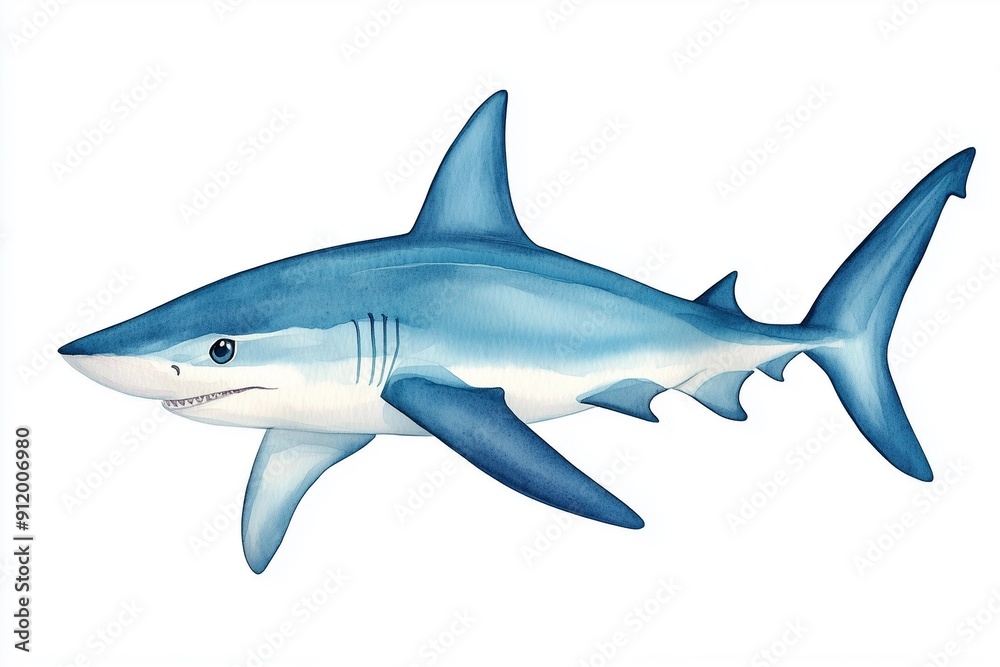 Obraz premium Peaceful Watercolor Scene of a Lone Shark Swimming Through Ocean Depths