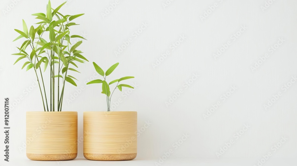 Bamboo plant holders, eco-conscious interior, flat design illustration Bamboo plant holders, eco-conscious interior, flat design illustration