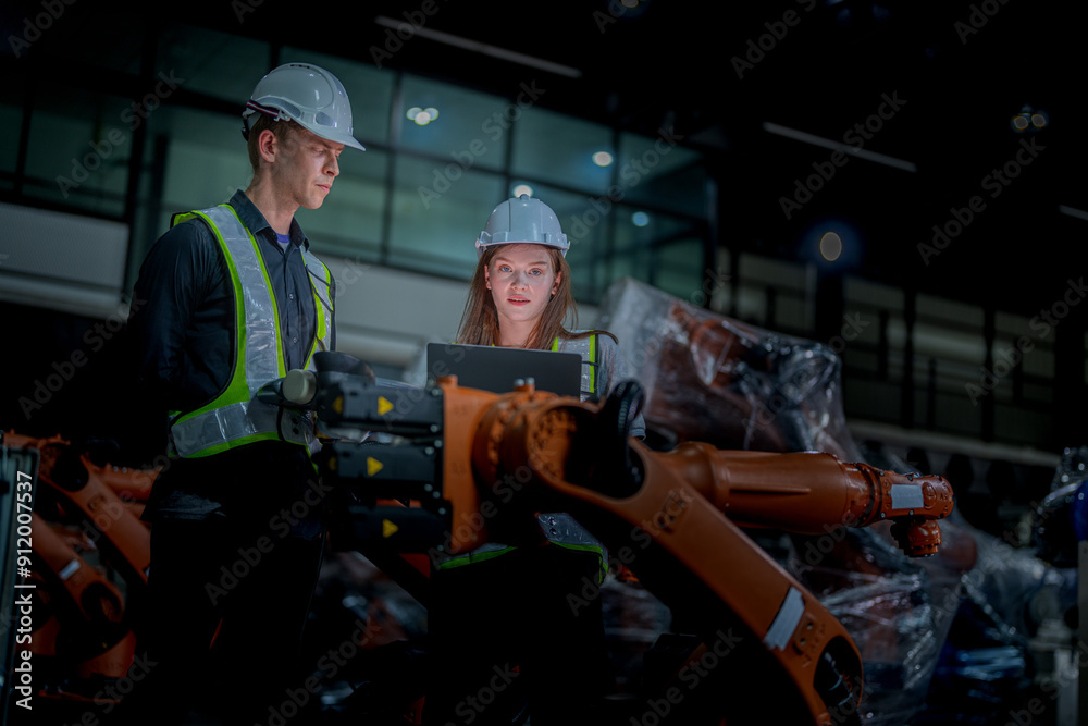 team engineers inspecting on machine with smart tablet. Worker works at heavy machine robot arm. The welding machine with a remote system in an industrial factory. Artificial intelligence concept. team engineers inspecting on machine with smart tablet. Worker works at heavy machine robot arm. The welding machine with a remote system in an industrial factory. Artificial intelligence concept.