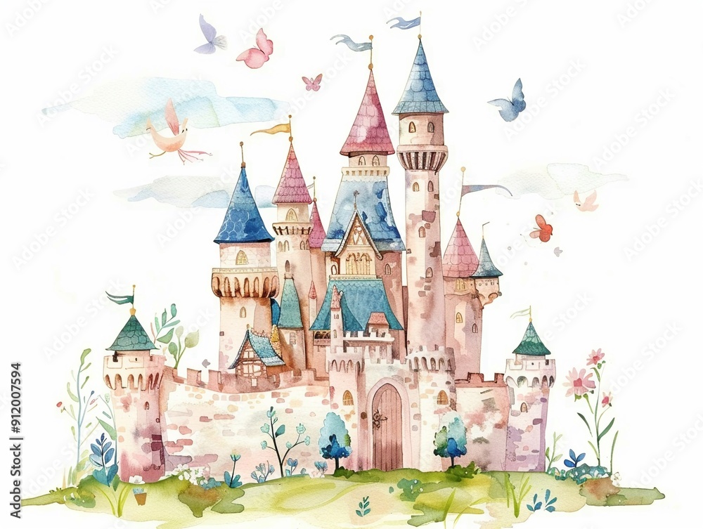 Fototapeta premium Princess in a fairy tale forest,Clipart, watercolor illustration, Perfect for nursery art The style is hand drawn, white background