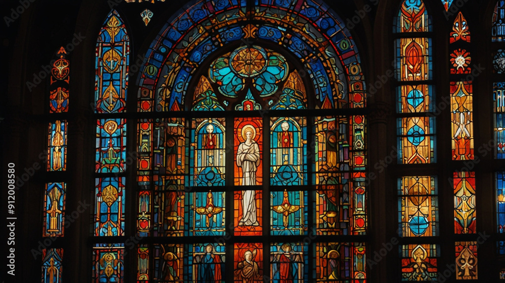 Watercolor Painting: A stunning Art Deco stained glass window adorns an ornate cathedral, radiating vibrant colors and intricate geometric patterns. Watercolor Painting: A stunning Art Deco stained glass window adorns an ornate cathedral, radiating vibrant colors and intricate geometric patterns.