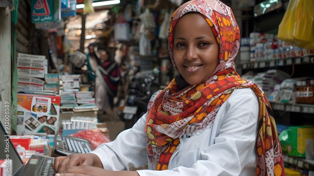 Smiling Woman in a Pharmacy, Working at a Cash Register Smiling Woman in a Pharmacy, Working at a Cash Register