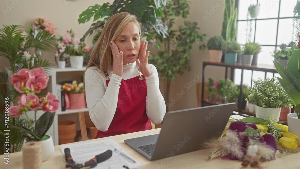 Frustrated florist, young blonde woman goes mad, shouting and yelling, arms flailing in flower shop Frustrated florist, young blonde woman goes mad, shouting and yelling, arms flailing in flower shop