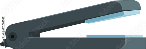 Black stapler fastening paper sheets, side view, isolated on white background