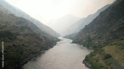 Aerial through wildfire smoke in Hells Canyon Idaho above Snake River in summer photo