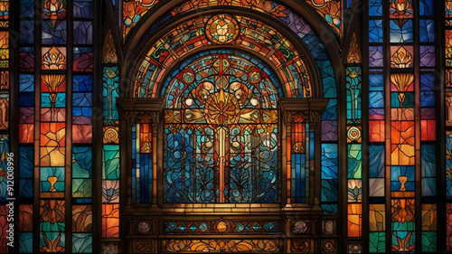 Watercolor Painting: A stunning Art Deco stained glass window adorns an ornate cathedral, radiating vibrant colors and intricate geometric patterns. 