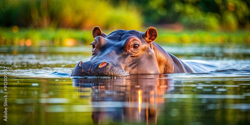 Fototapeta premium Hippo swimming in a river , wildlife, animal, nature, water, Africa, mammal, large, wild, aquatic, aquatic, river, swim