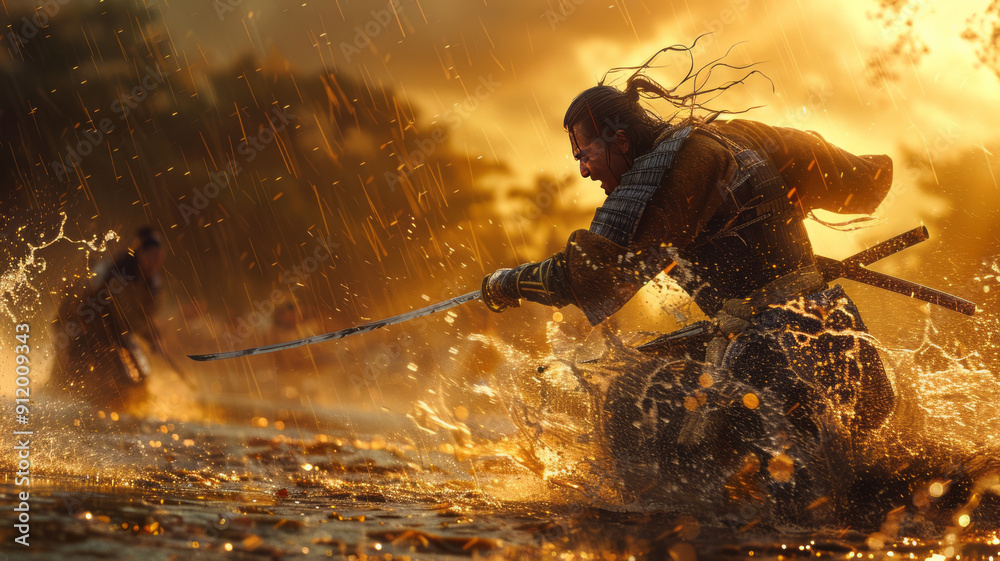 Obraz premium Samurai duel in pouring rain, intense clash in a dramatic, cinematic scene.generative ai