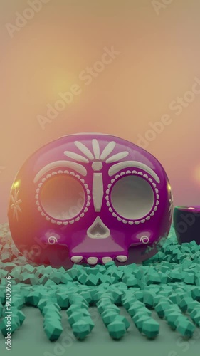 Verticalvibrant 3D rendering of a traditional Mexican sugar skull with intricate designs, placed next to a burning candle. Scene Set on a bed of teal-colored pebbles against a soft gradient background photo