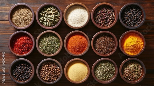 Assortment of Dried Herbs and Spices in Wooden Bowls photo