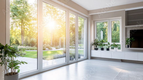 Morning view from modern home to an outside backyard through windows