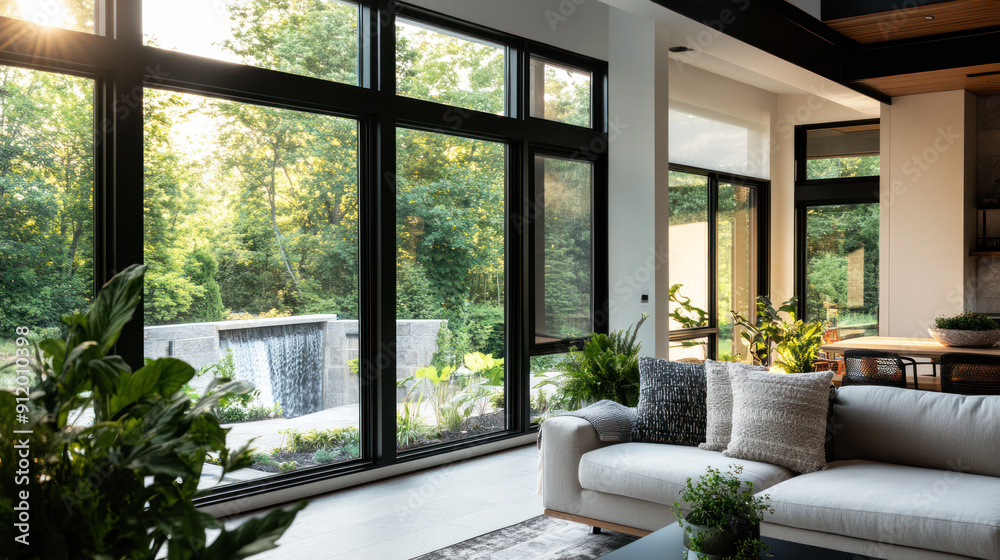 Fototapeta premium Morning view from modern home to an outside river waterfall through windows