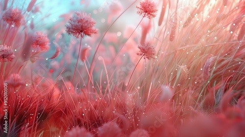 Spider View of Grassland with Dew and Translucent 3D Flower in Multiple Colors, 8K Resolution photo