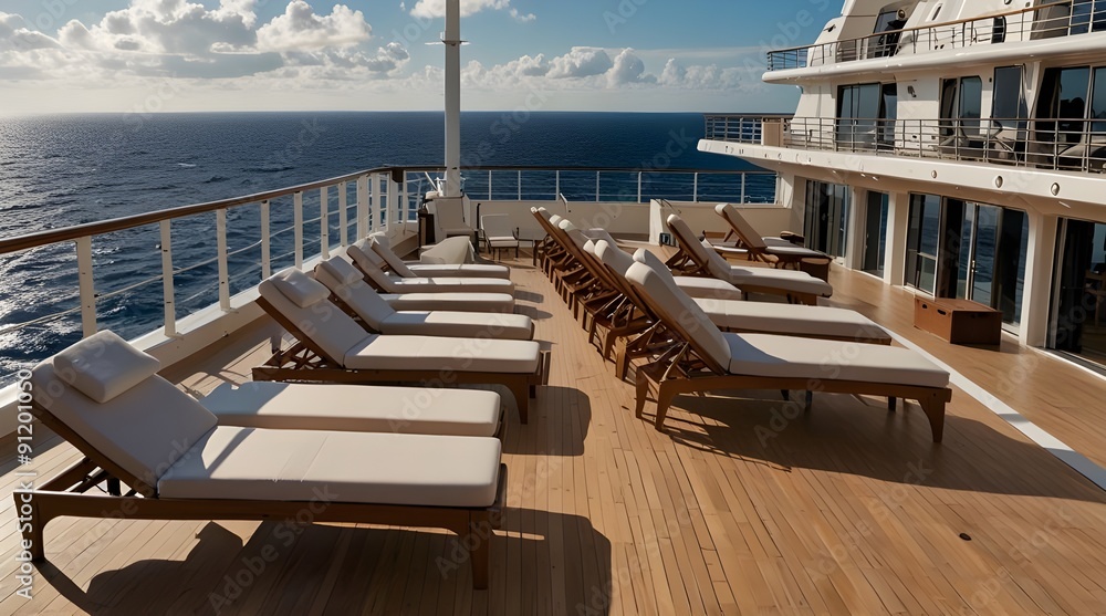 Fototapeta premium Relaxing cruise vacation with lounge chairs on ship deck Luxury travel.generative.ai